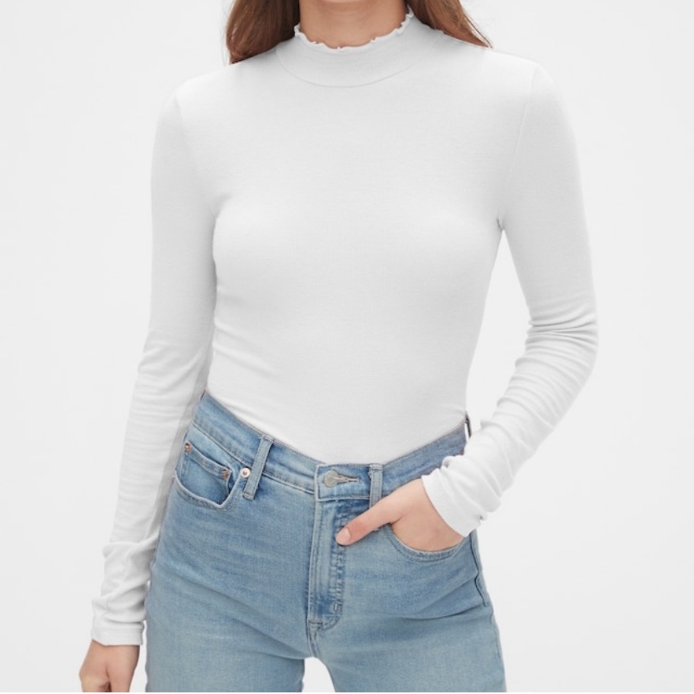 Gray and white striped mock neck tee